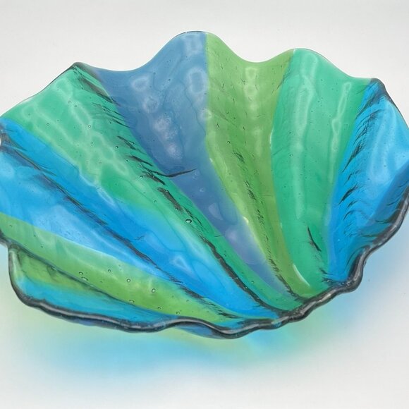 Vintage Blown Art Glass Clamshell Green Blue Bowl Dish MCM Shell Aquatic Ocean - Picture 3 of 10